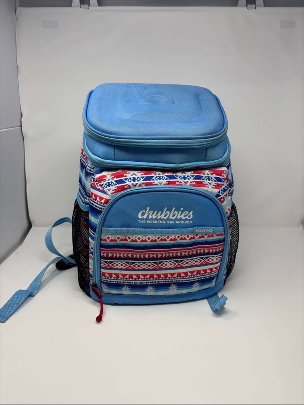 chubbies Blue Lunch Backpack with Red & White Aztec Accents